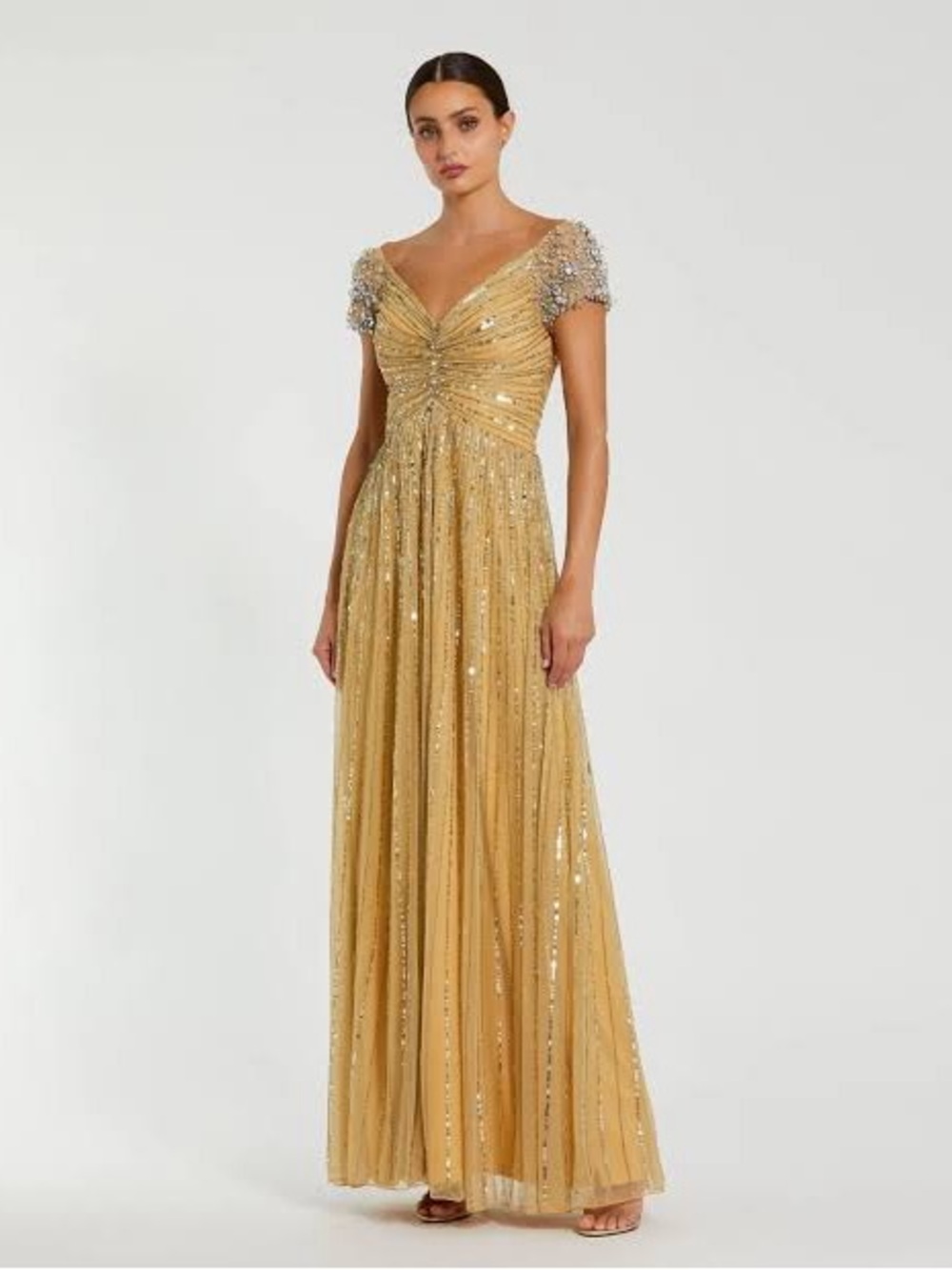 Mac Duggal 23042 Gold Sequined Evening Gown With Embellished Shoulders sz 8